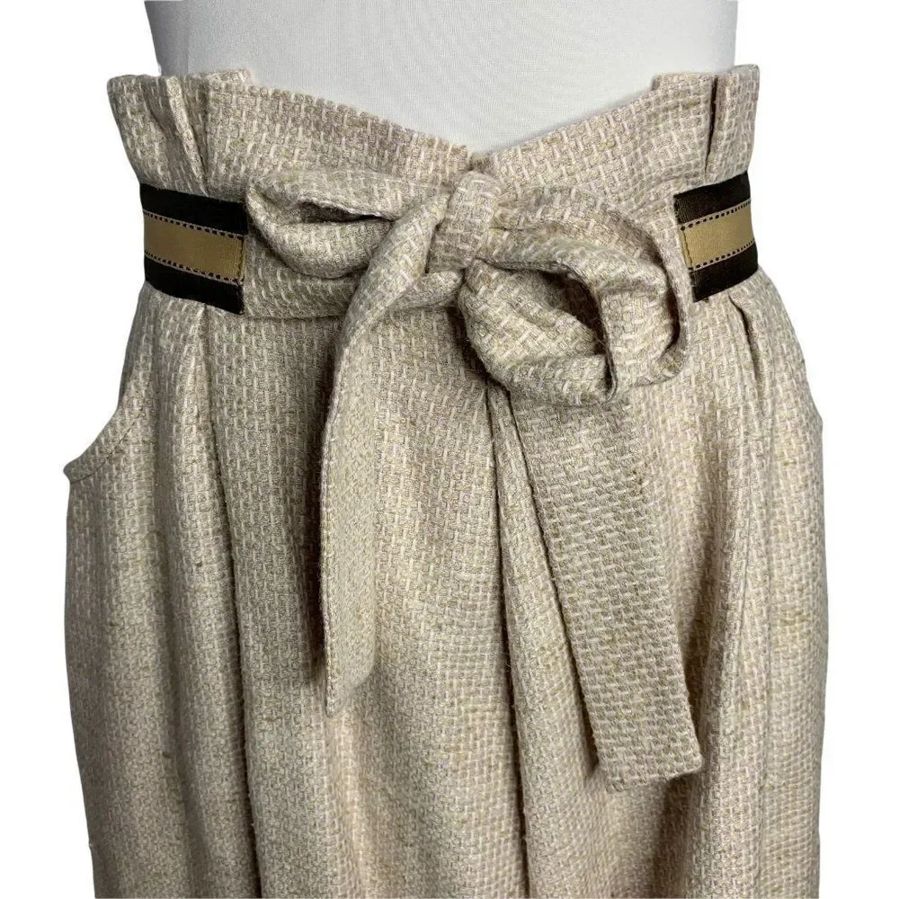 Vintage Silk Paper Bag Waist Mini Skirt S Beige Tie Waist Zip Pockets Pleated